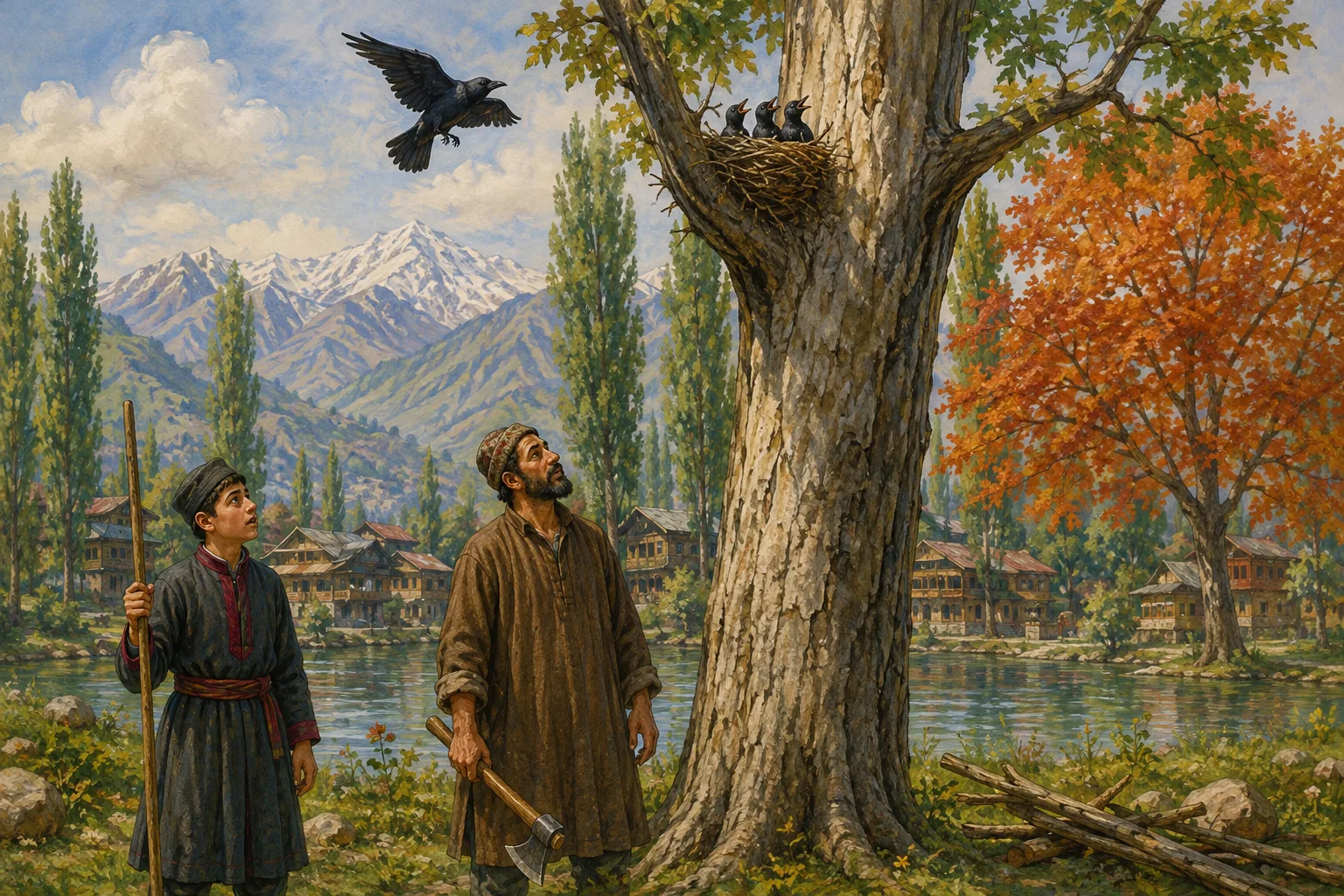 Yusuf and the woodcutter look up at three chicks in a poplar nest while the mother crow circles overhead
