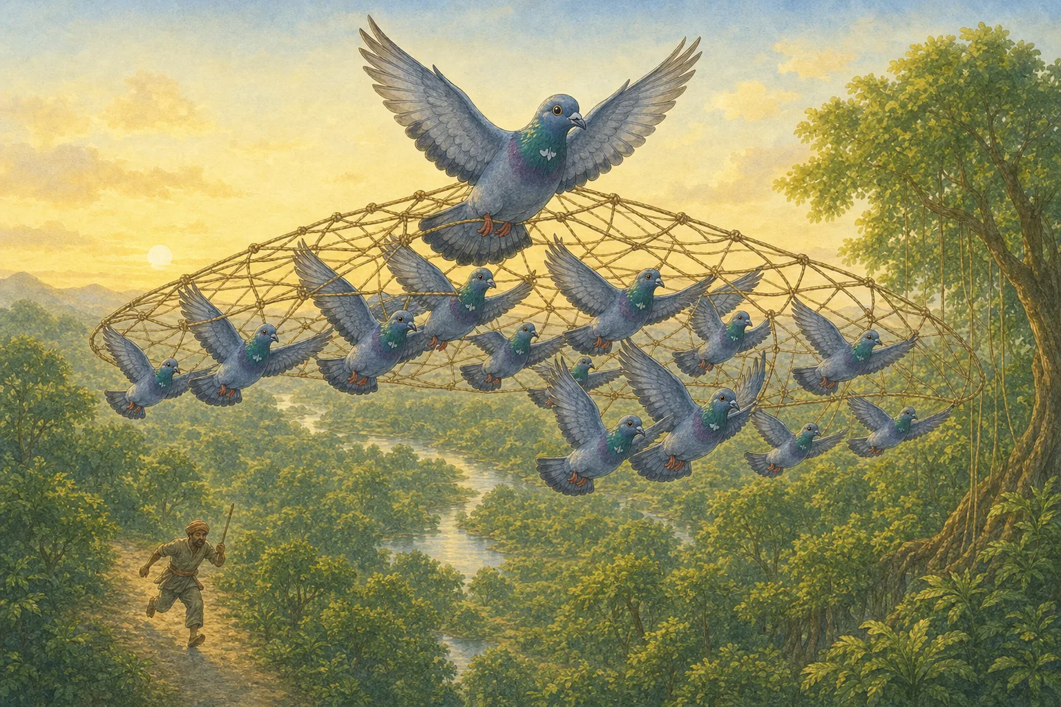 The whole flock of doves lifts off together carrying the net into the sky as the astonished hunter is left behind