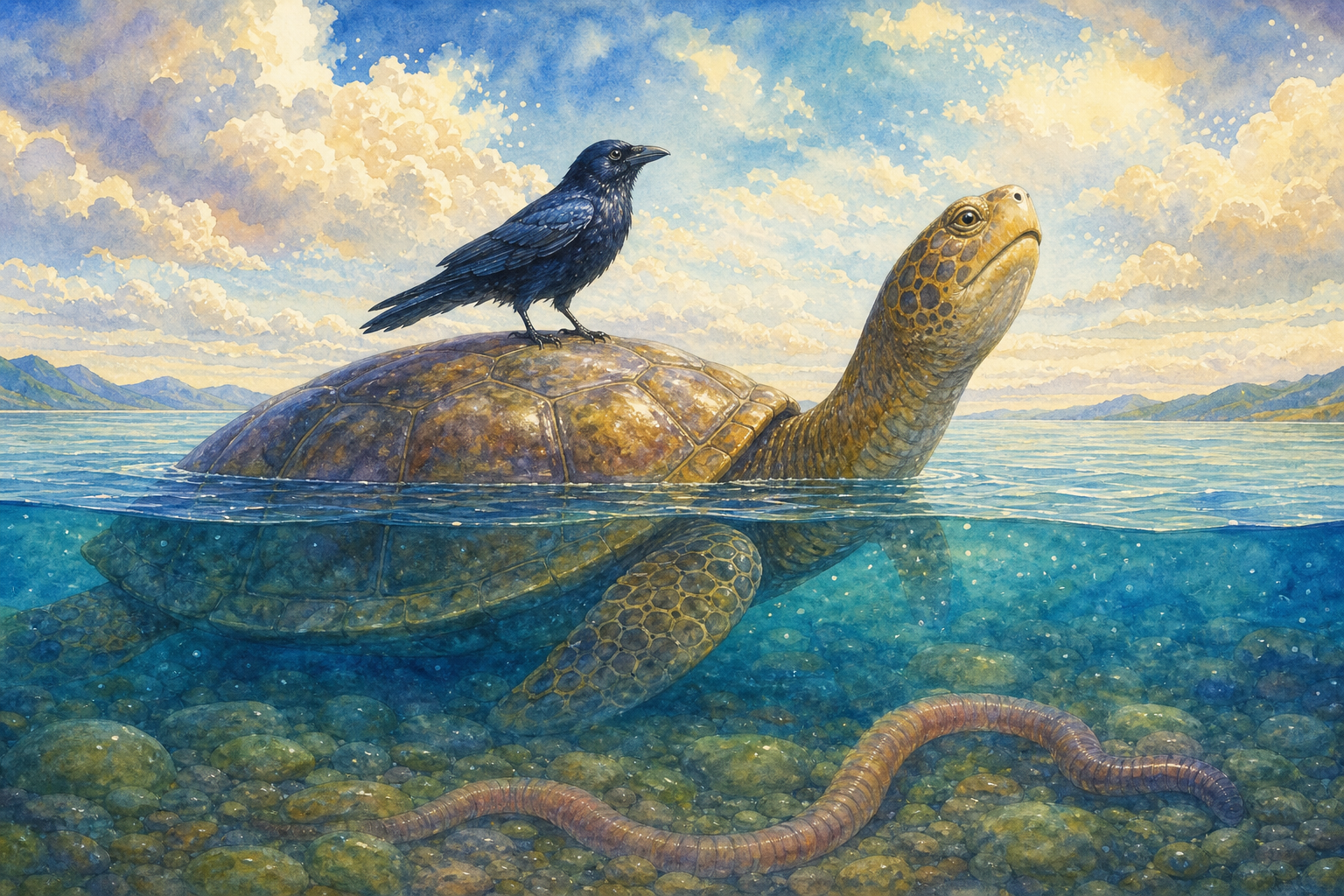 The crow and great tortoise journey across the first waters in search of earth