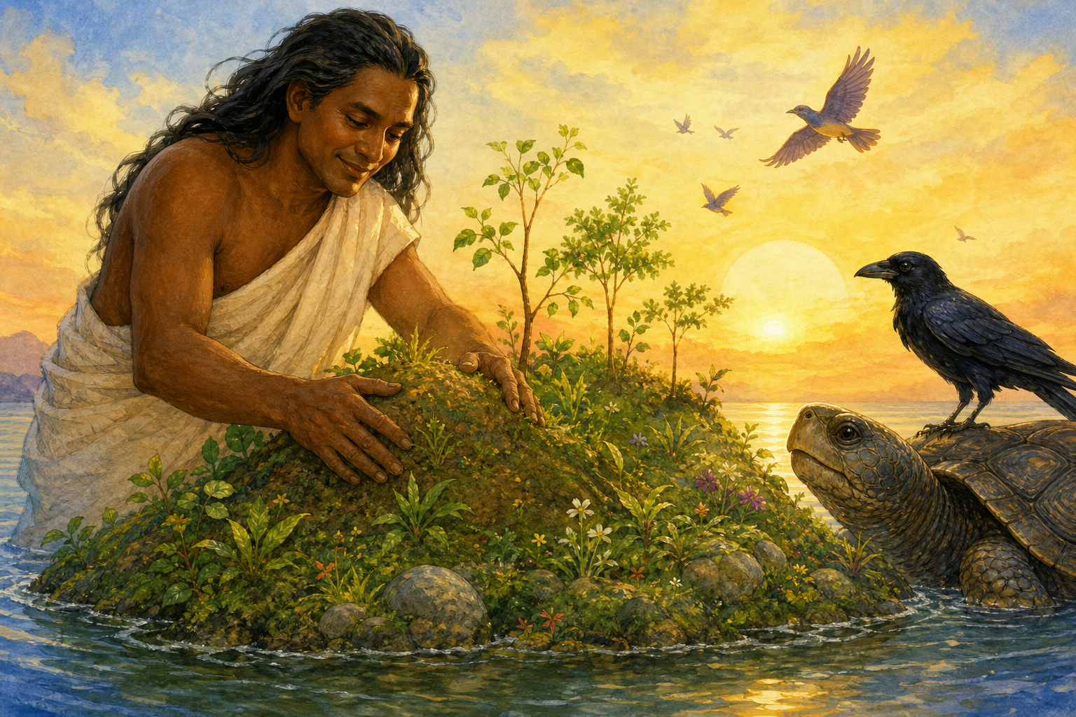 Thakur Dev gently shapes the new green earth as the crow and tortoise watch