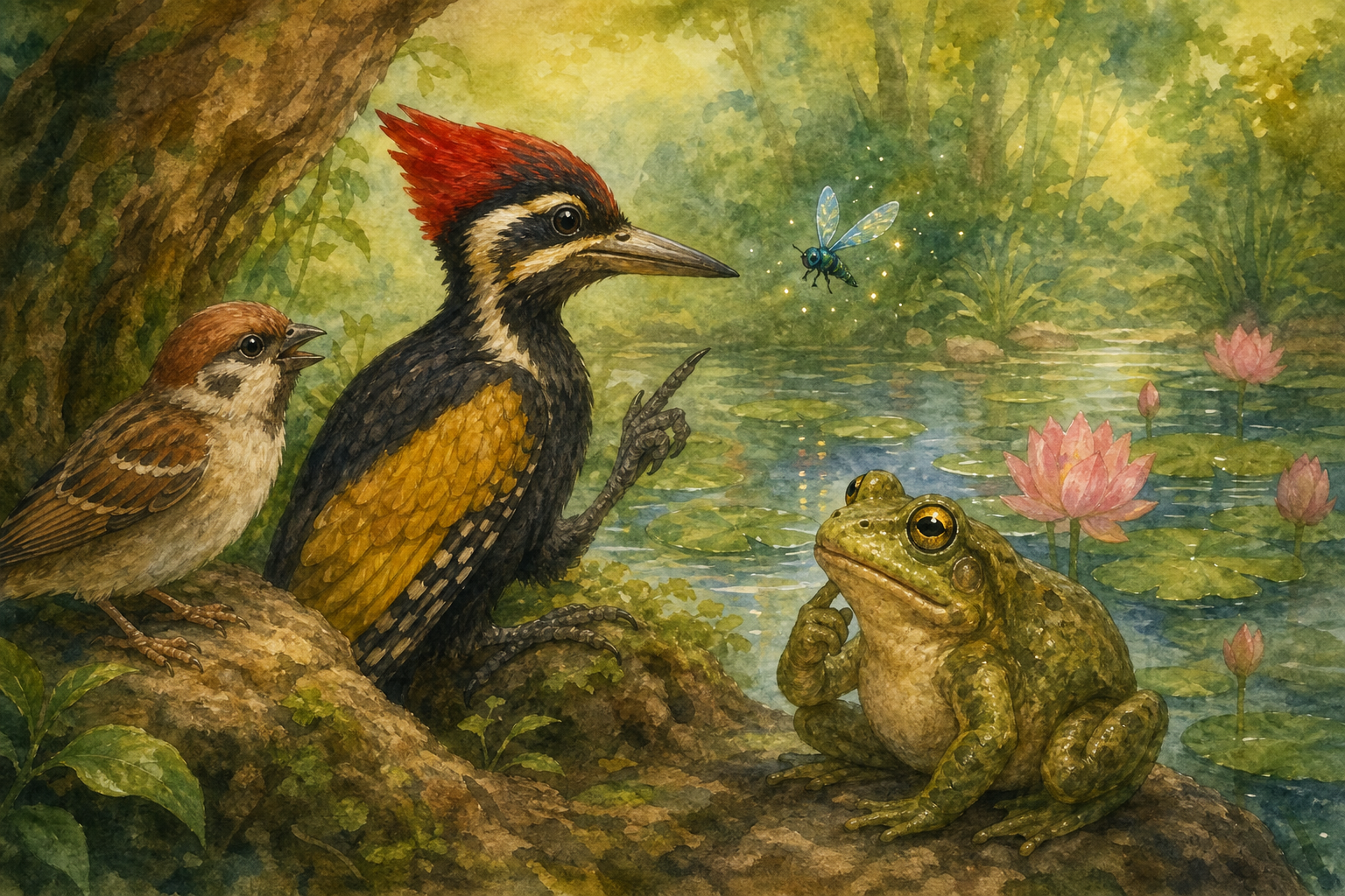 Woodpecker, gnat, frog and sparrow quietly planning beside a lotus puddle