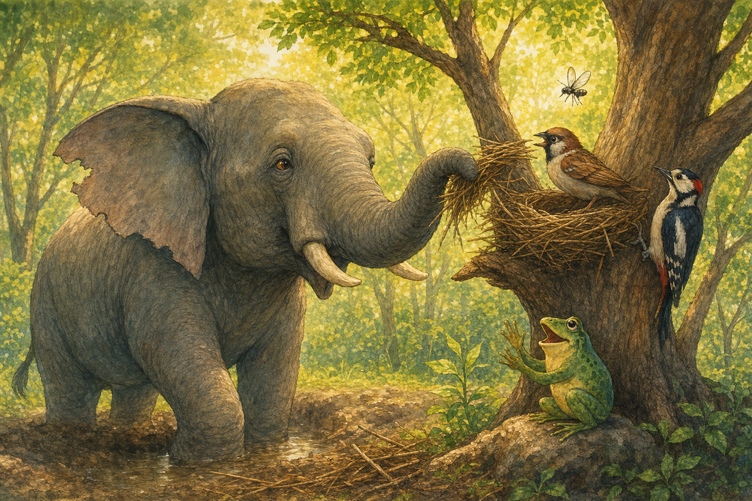 The elephant helping rebuild the nest after the small friends guide him from a muddy hollow