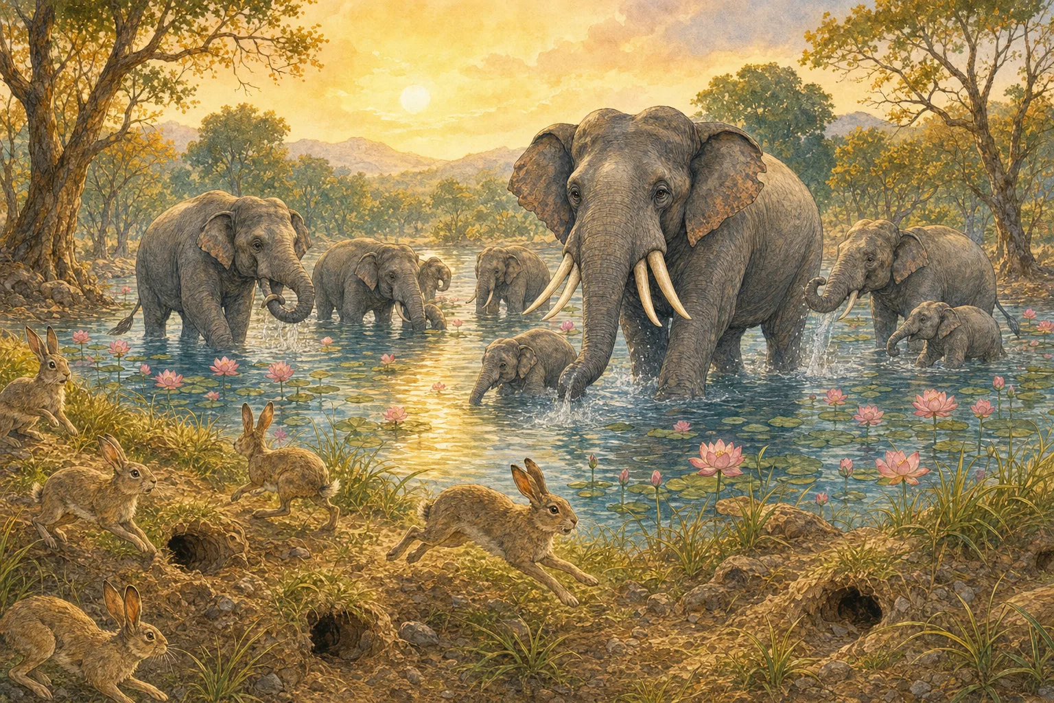 Elephants crowd the lakeshore as their heavy feet crush hare burrows hidden beneath the grass