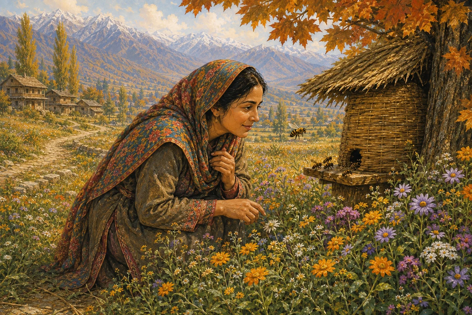 The farmer's wife bends among wildflowers to speak with a honeybee hovering beside the hive