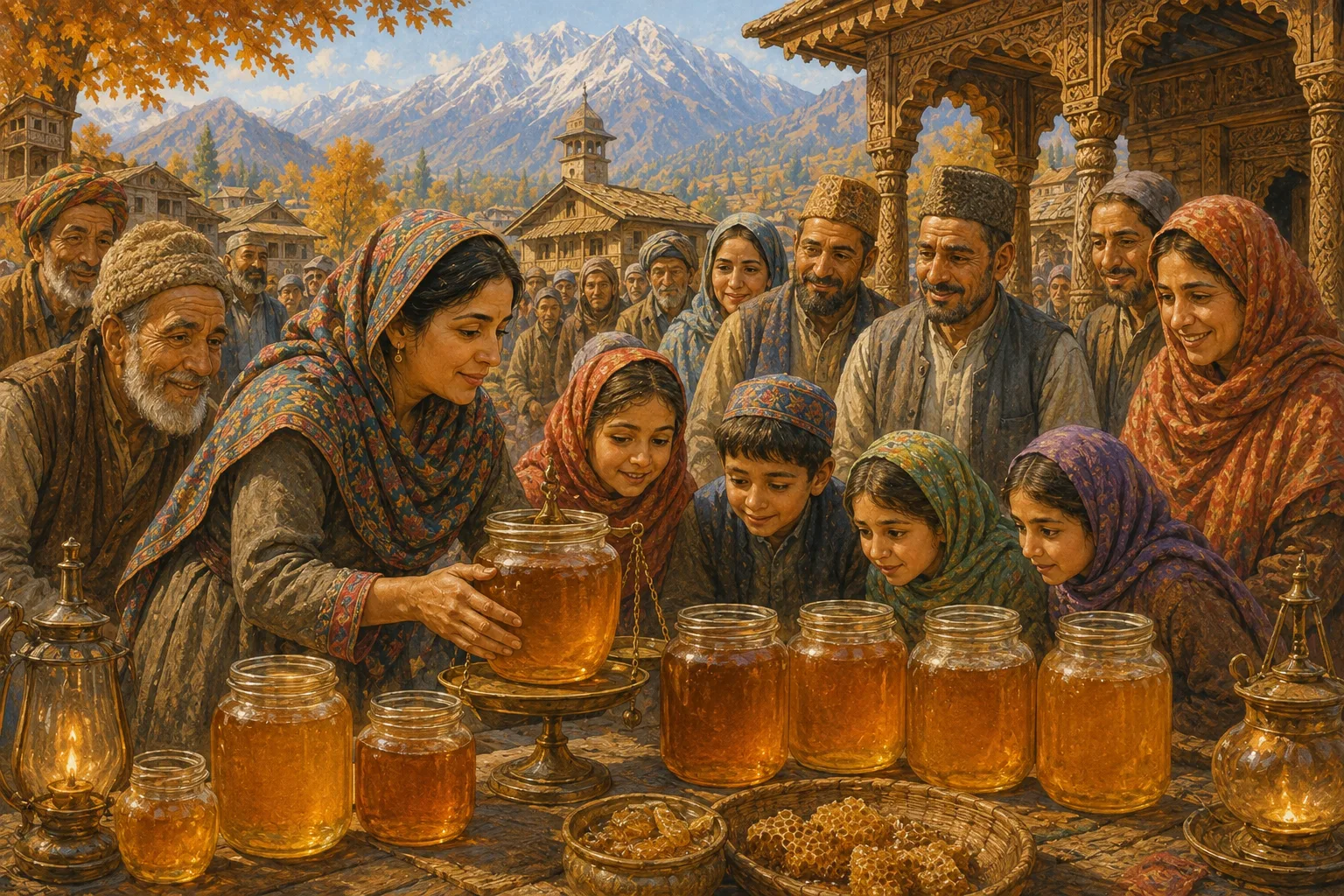 The whole village gathers around brimming honey jars at a fair public measuring while children peer in