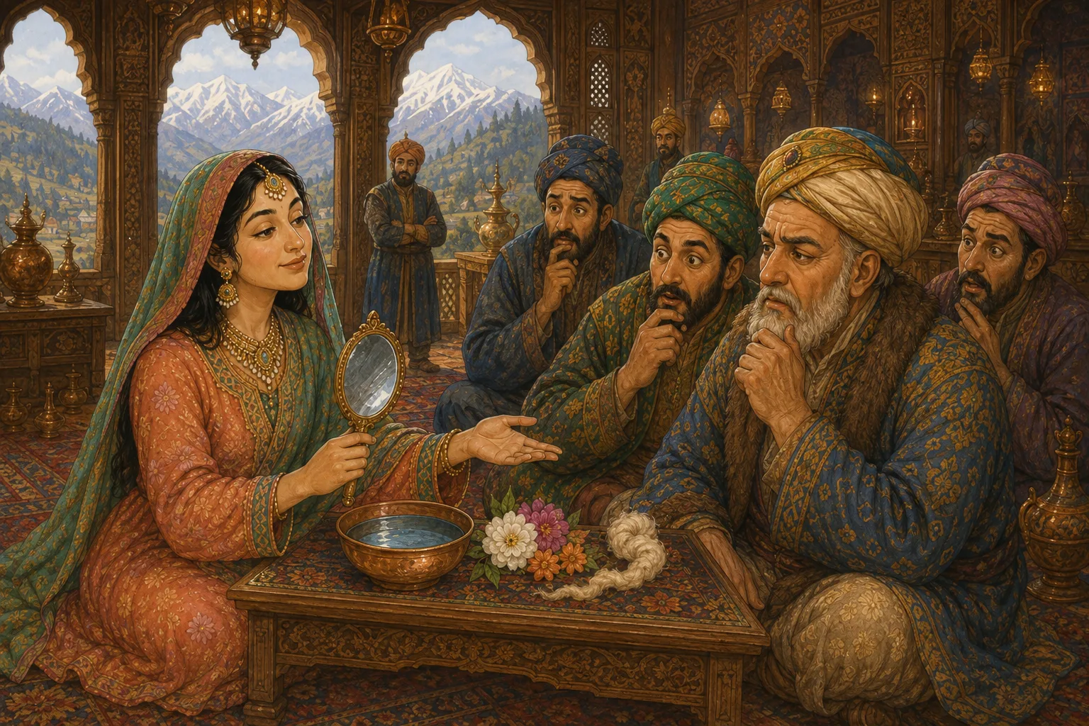 The princess presents a mirror, a bowl of water, flowers, and wool before the puzzled courtiers