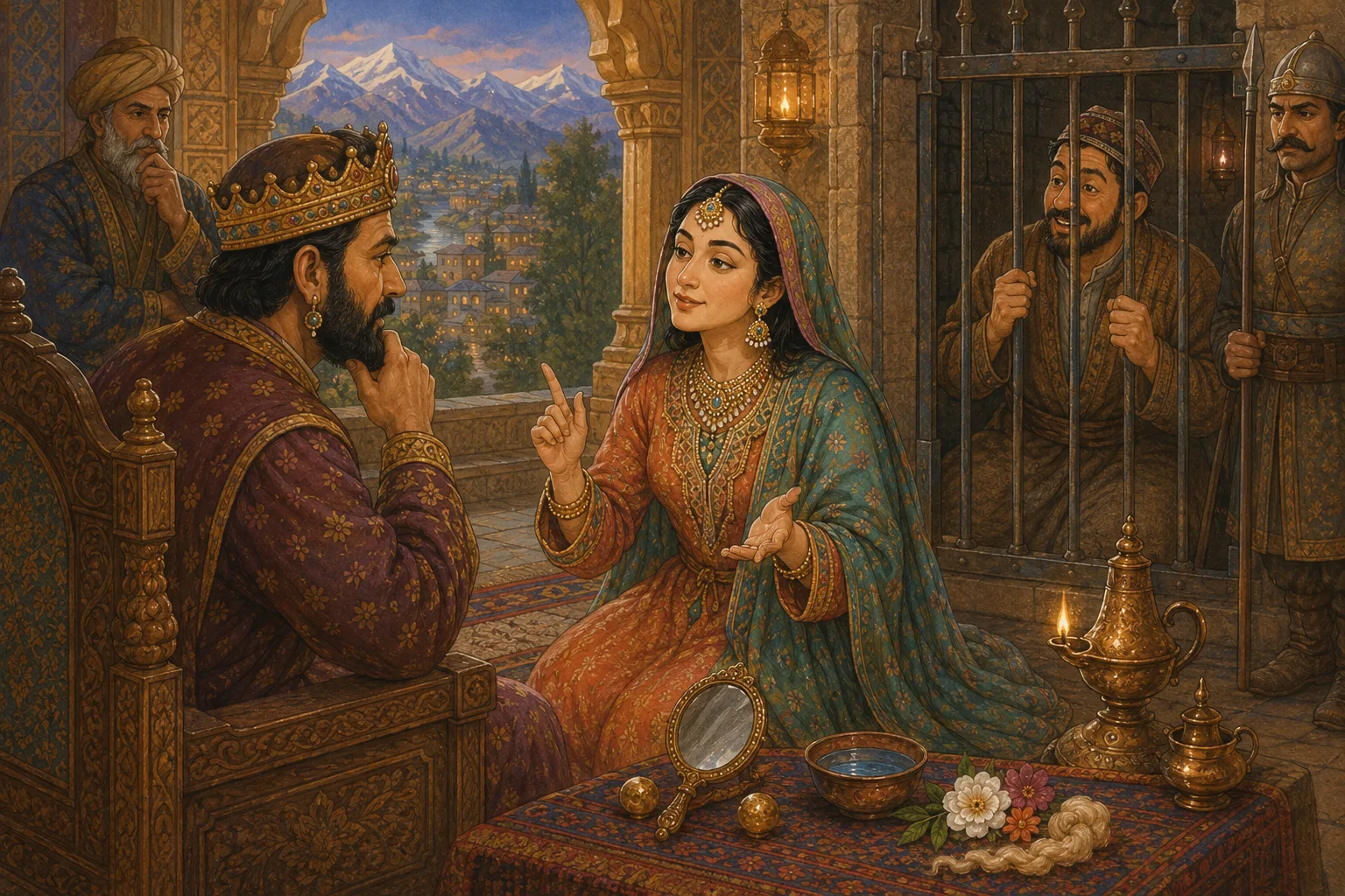 The goldsmith's wife calmly explains the signs to the king at the prison gate as her relieved husband looks on