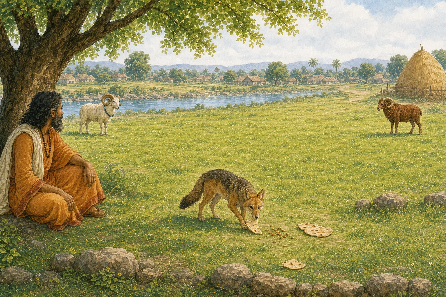 The jackal darts between the two rams and grabs a piece of flatbread before springing back to safety