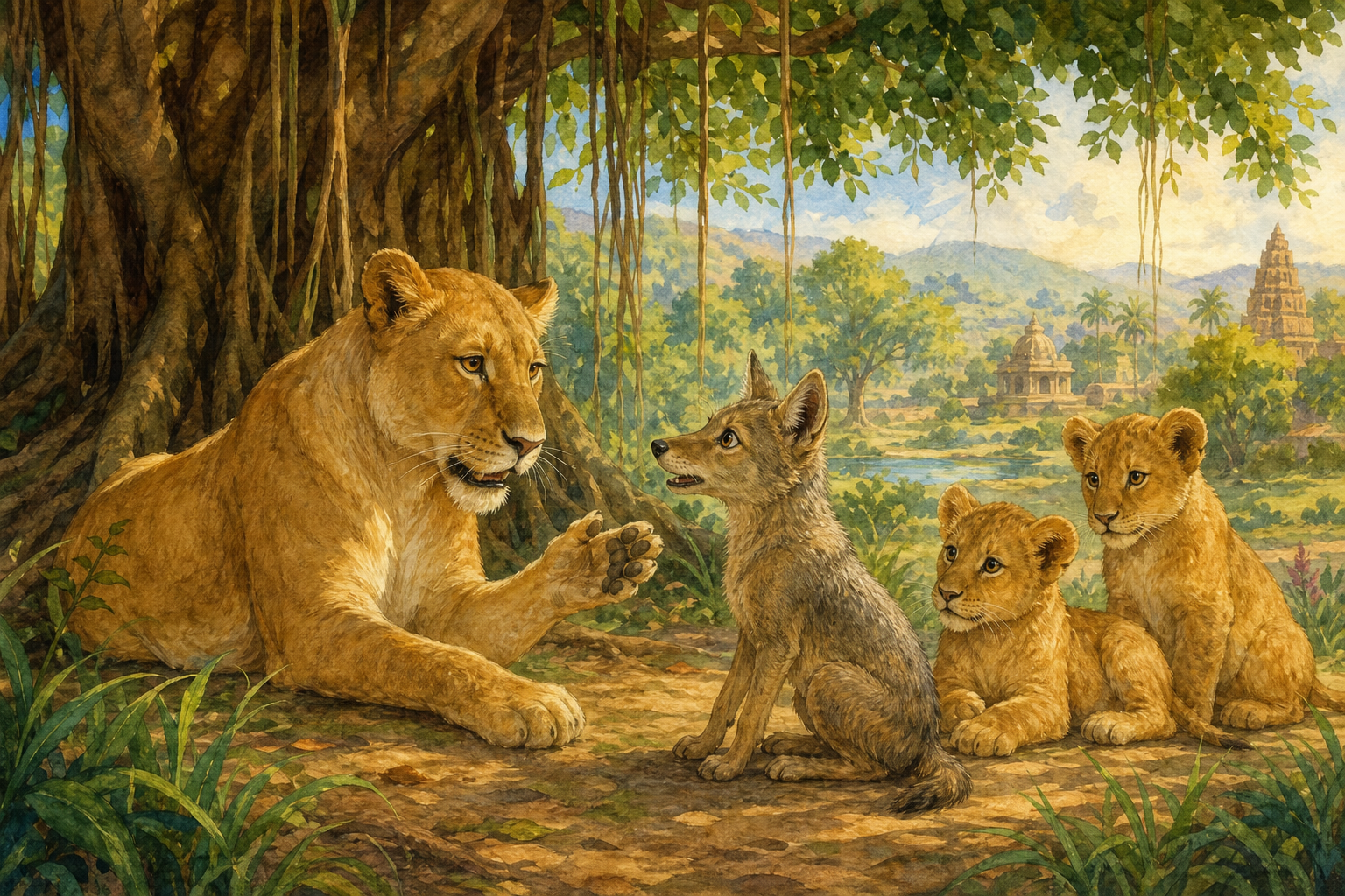 The Jackal Cub Raised by Lions — illustration