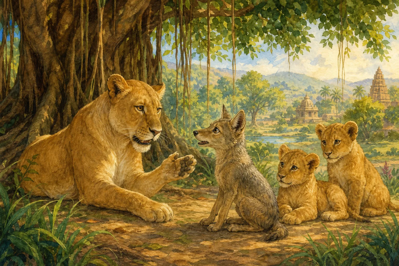 The jackal cub cries out in caution as the young lion cubs bound eagerly toward a great elephant