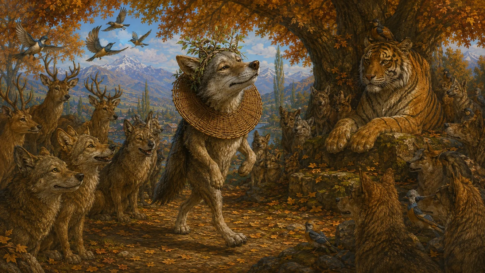 The crowned old jackal parades proudly along the forest path as the other jackals follow and a tigress watches from distant foliage