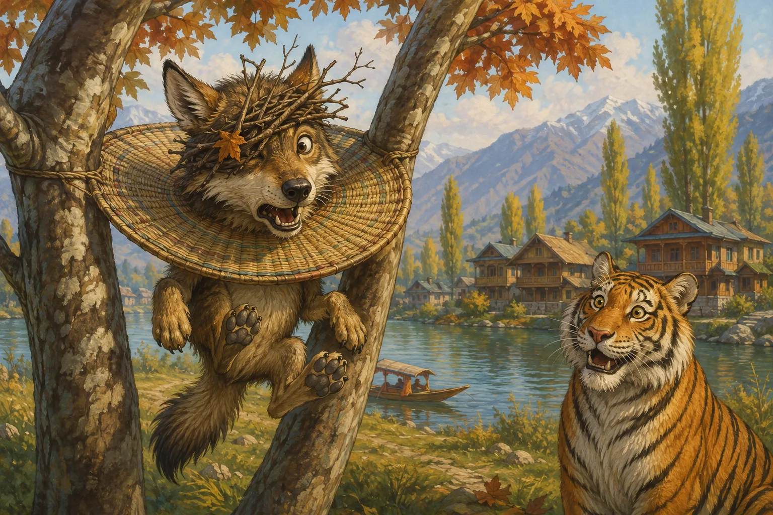 The jackal hangs harmlessly between branches by his wide fan collar while the surprised tigress laughs