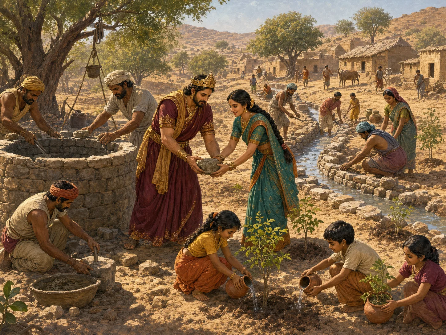 The king, queen, and villagers work side by side repairing wells and planting trees ahead of the rains