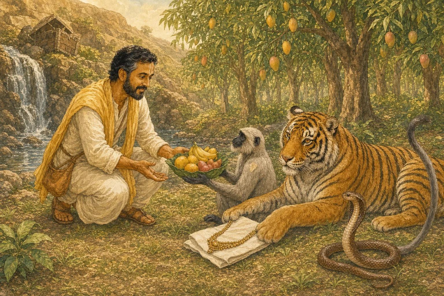 The tiger presents the storm-recovered necklace to Yajna and asks him to return it to the royal city