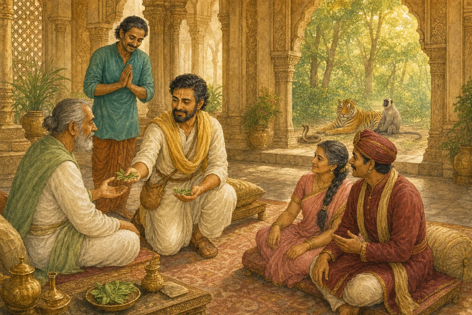 The king returns the necklace to the treasury and releases Yajna with an apology