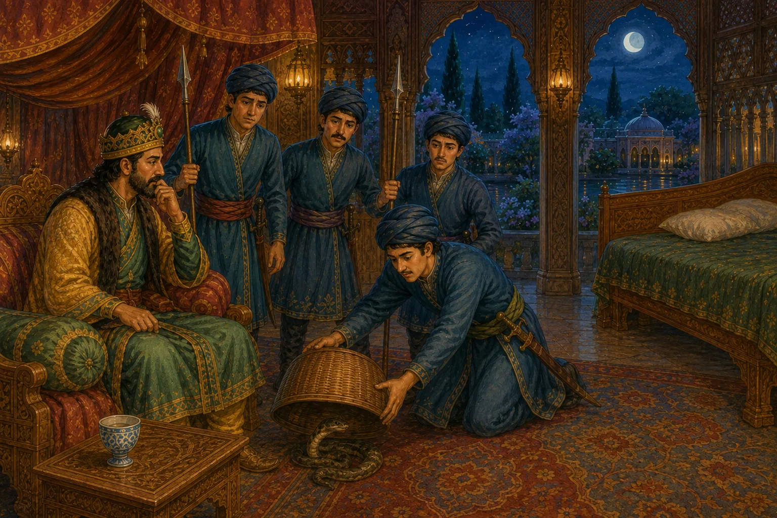 The elder prince safely traps a snake beneath a heavy woven basket beside the royal bed at night