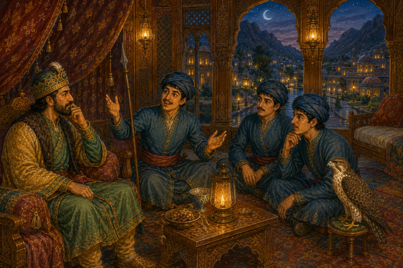 A guard tells the falcon story by lamplight while the young king listens with his chin resting thoughtfully on one hand