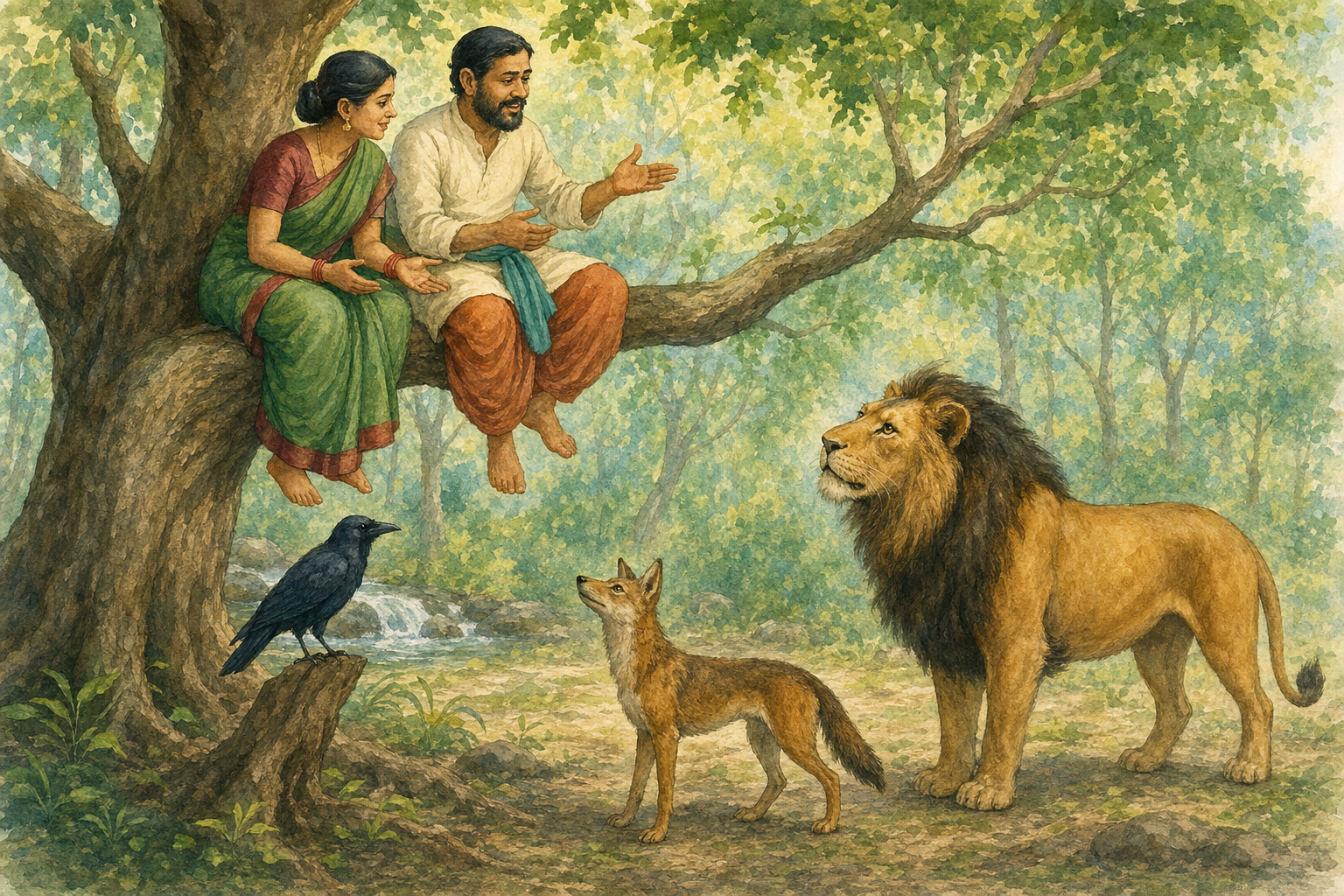 Carpenter and wife safely in a tree explaining to the saddened lion why his companions changed the visit
