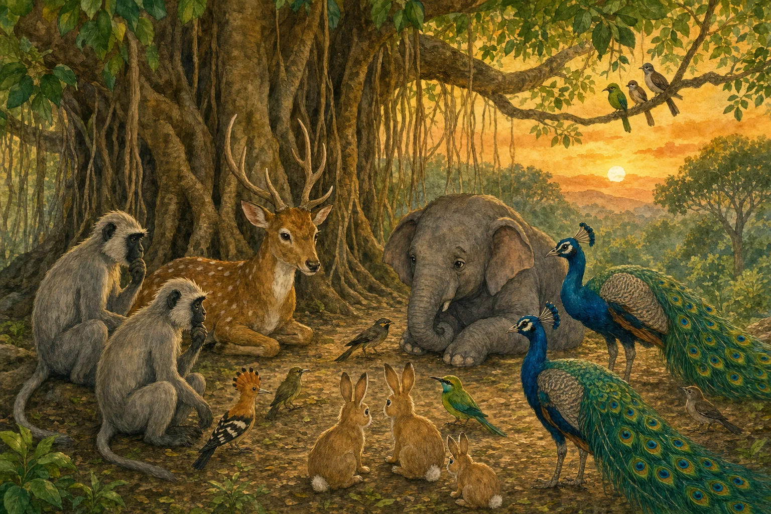 Elephants, deer, monkeys, birds, and rabbits gather beneath the banyan tree to plan how to escape the lion
