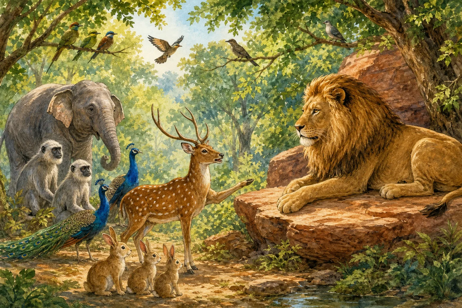 The oldest deer proposes that the animals send the lion one meal each day