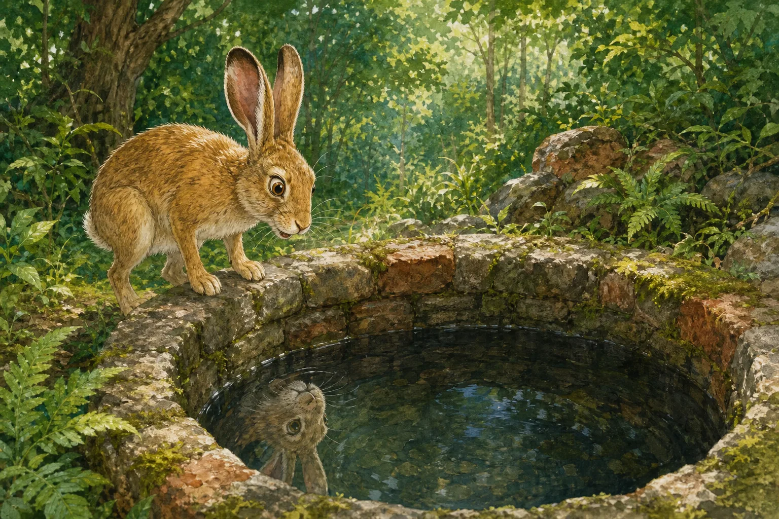 The small rabbit arrives late before the hungry lion after pausing to look into an old well