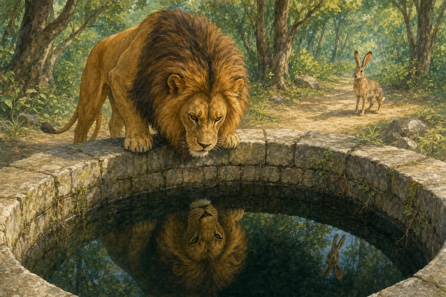 The lion leans over the well and roars at his own reflection, mistaking it for a rival