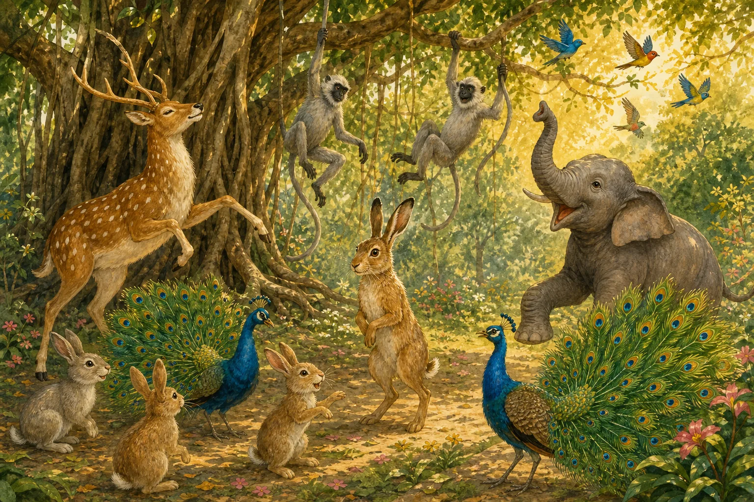 The dancing deer, swinging monkeys, and singing birds thank the little rabbit for saving them