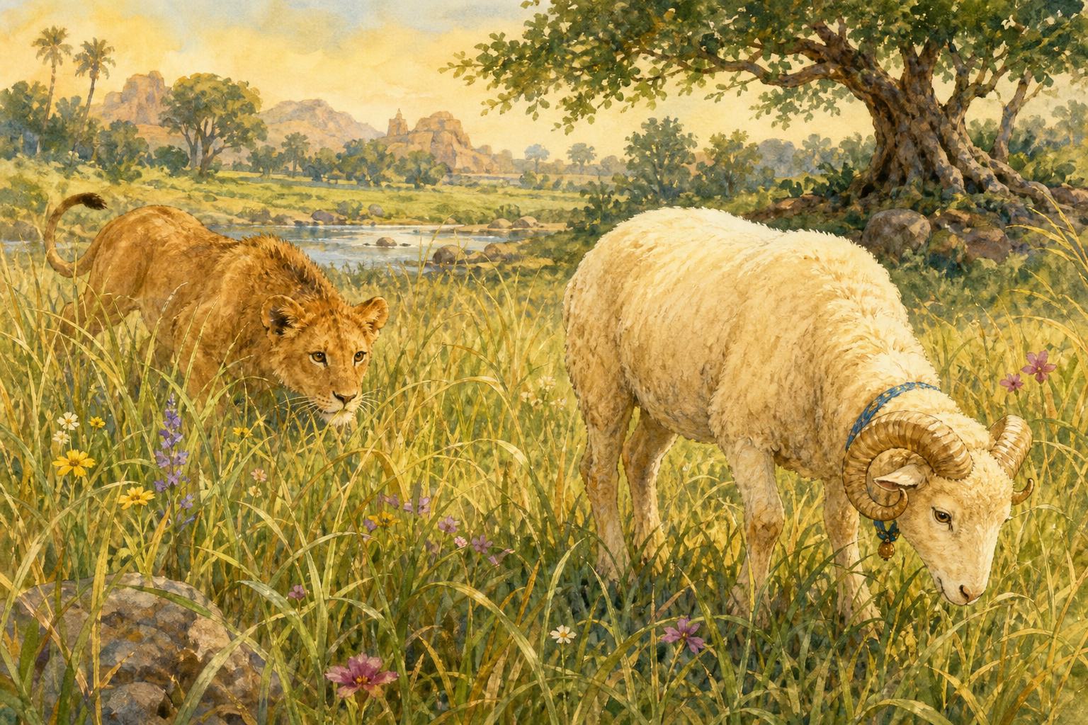 Lion creeping toward the peacefully grazing ram after mistaking gentleness for weakness