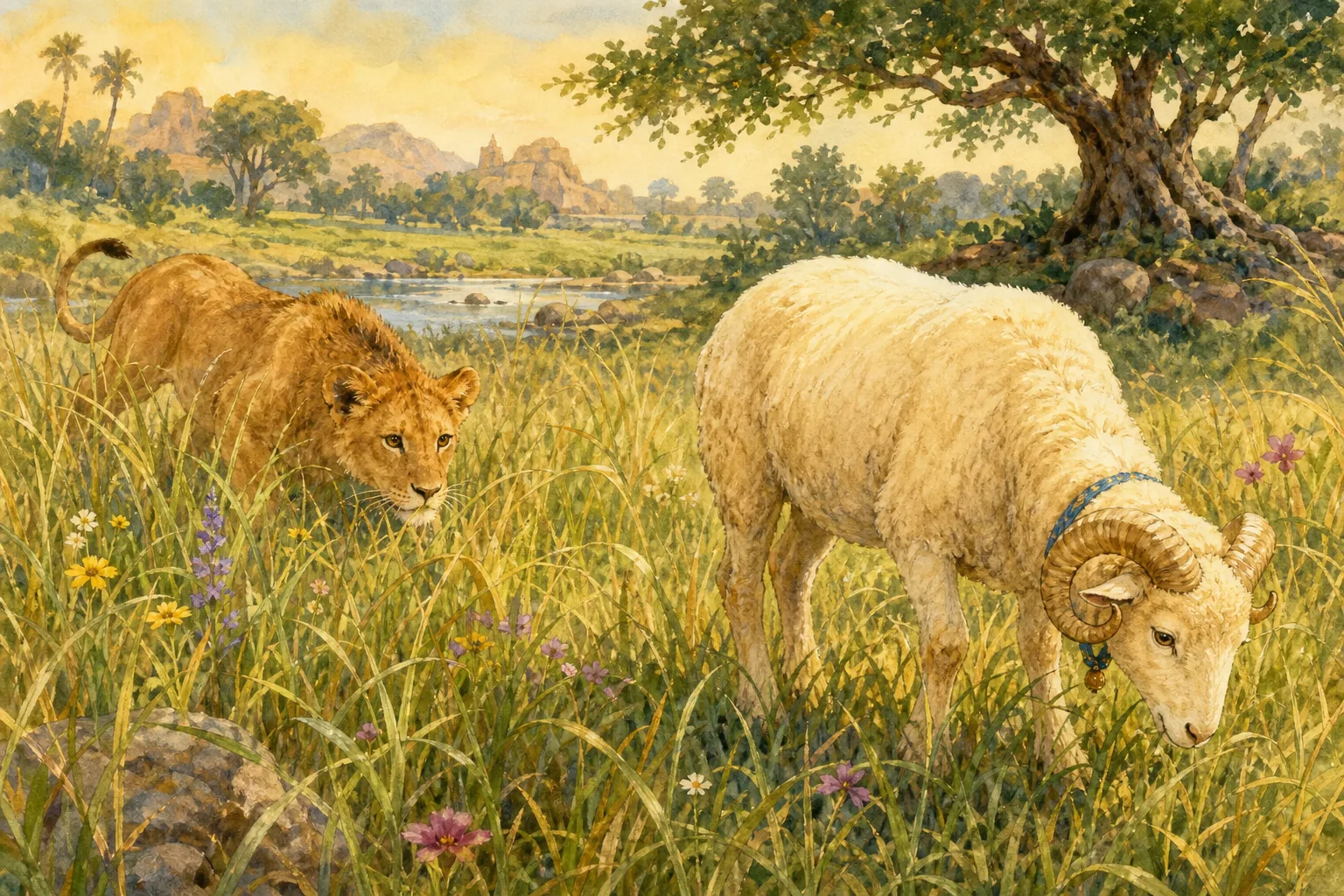 Lion creeping toward the peacefully grazing ram after mistaking gentleness for weakness