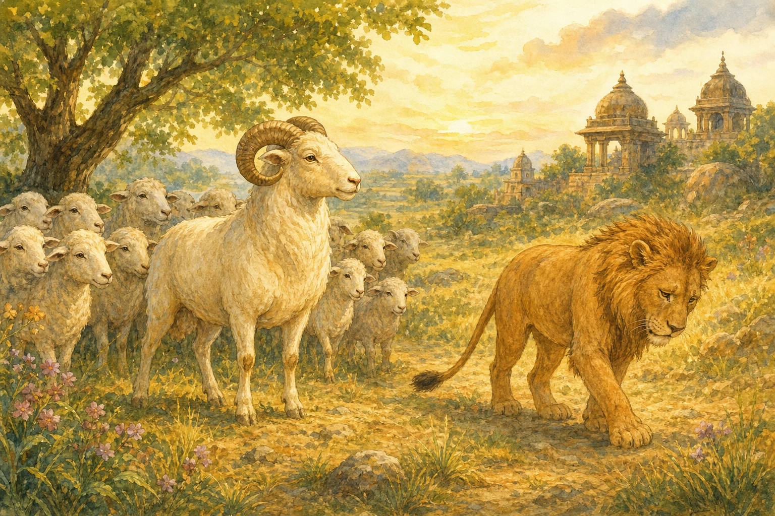 Ram standing firm with flock behind him while the embarrassed lion respectfully withdraws