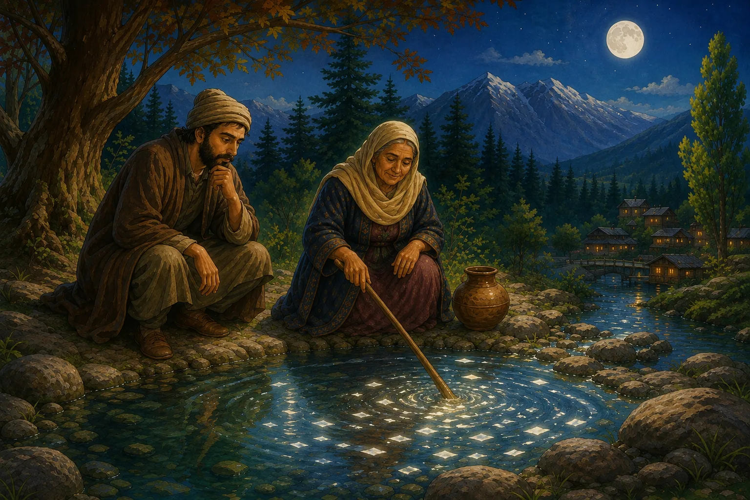 The wise old woman stirs the moonlit forest spring and breaks the moon's reflection into shimmering pieces