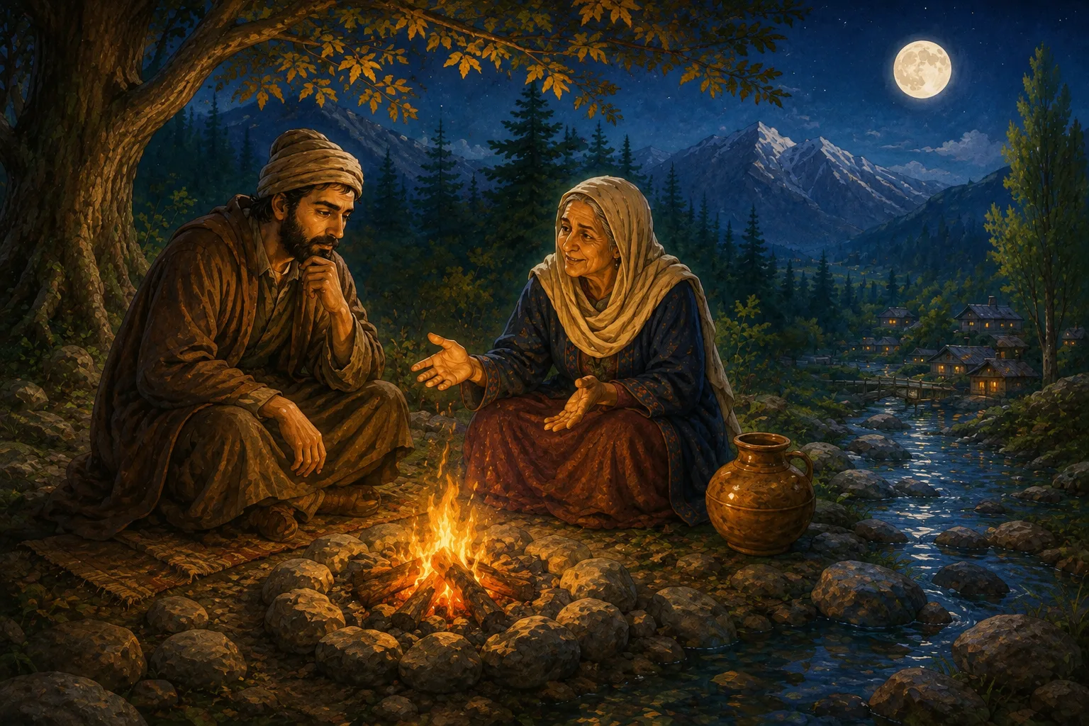 The king in a plain traveller's cloak listens quietly to the wise woman beside the forest spring