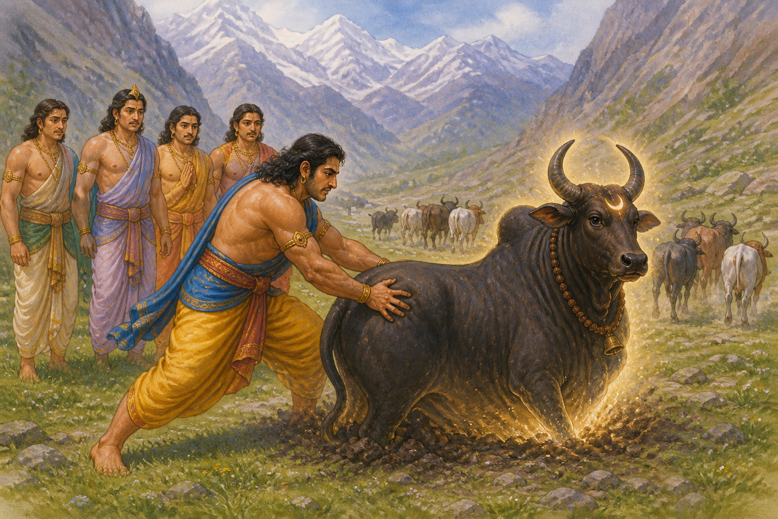 Bhima recognizes Shiva in bull form as the other Pandavas watch in awe