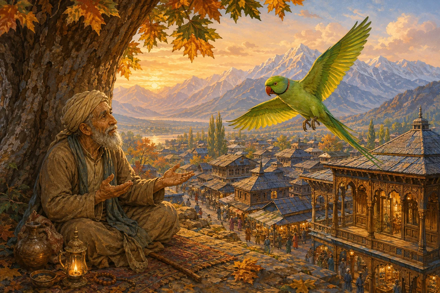 The bright green parrot flies above Kashmiri rooftops toward the old faqir seated beneath a chinar tree