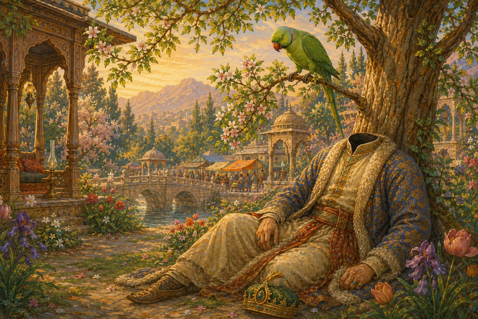 The green parrot watches from a branch as the unguarded royal body sits still beneath the tree