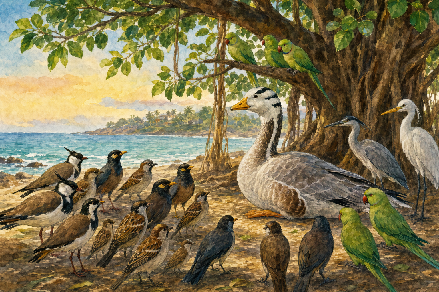 Many small birds consulting the wise old gander beneath a coastal fig tree