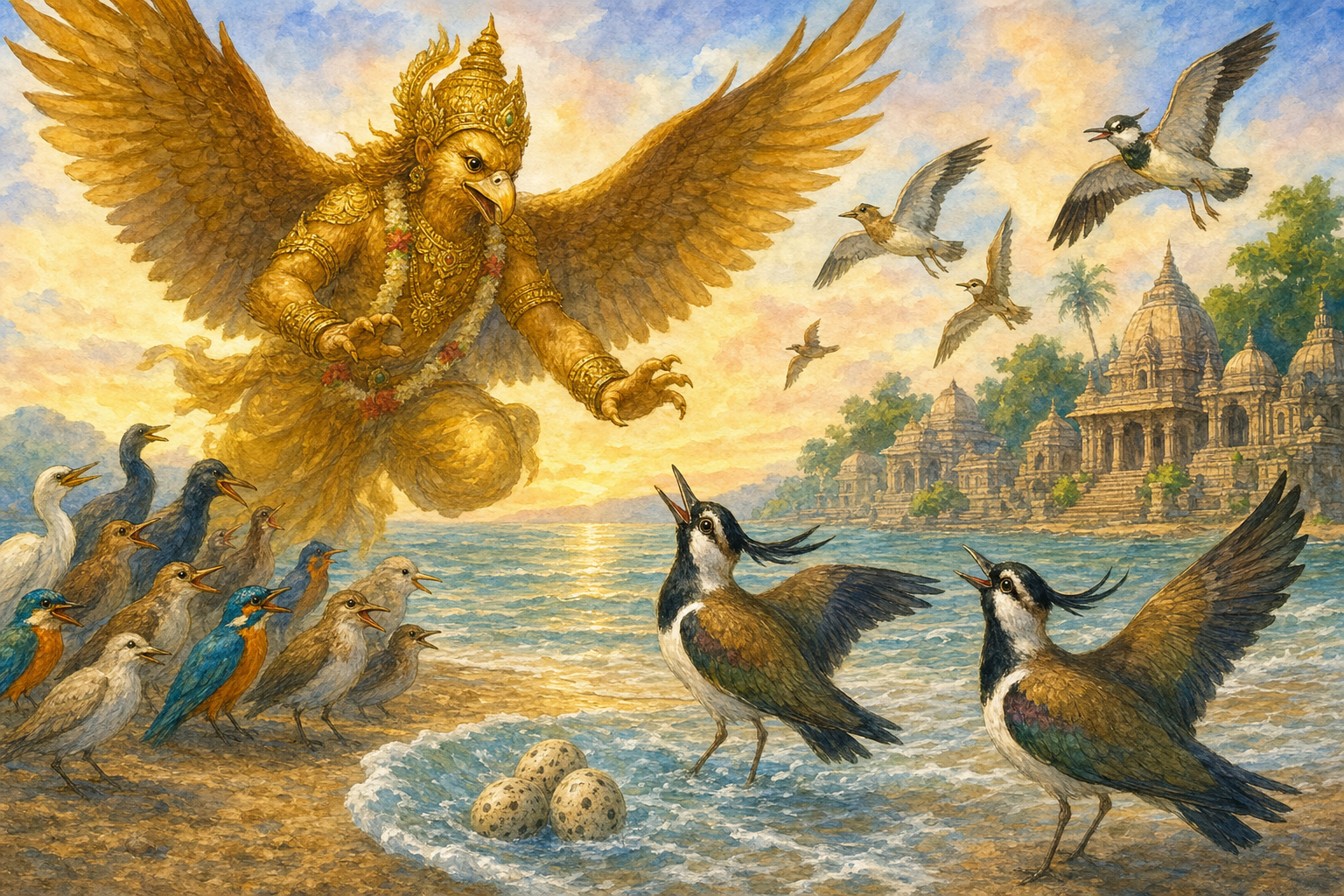 Garuda hovering above the shore as a gentle wave returns the eggs to the joyful plovers