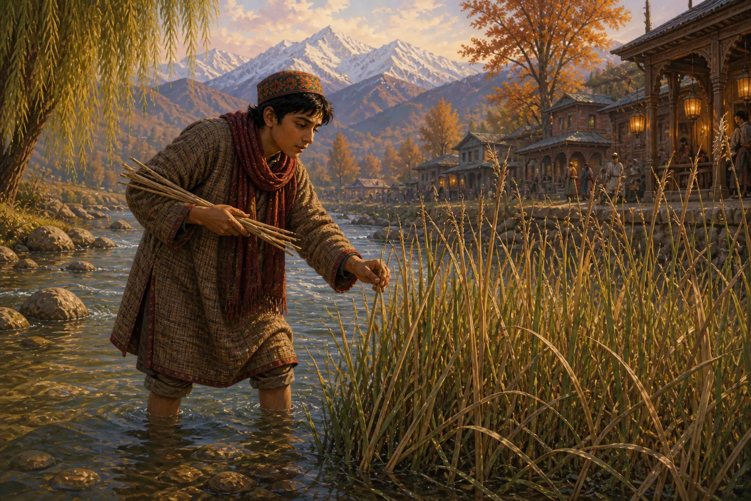 The flute-maker stands in the clear stream and carefully chooses one straight reed from the canebrake