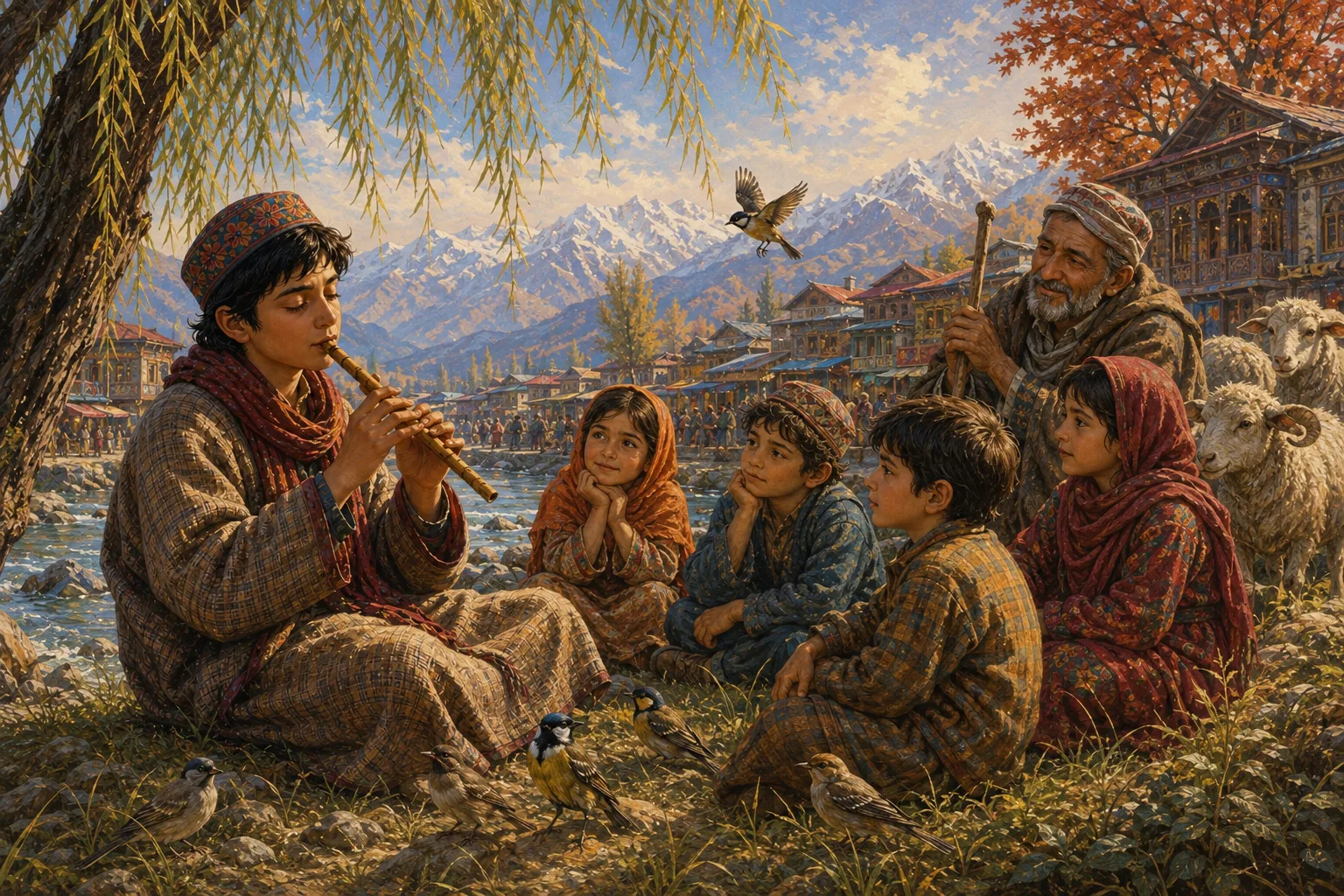 The young musician plays beneath a willow while children, a shepherd, and birds gather to listen