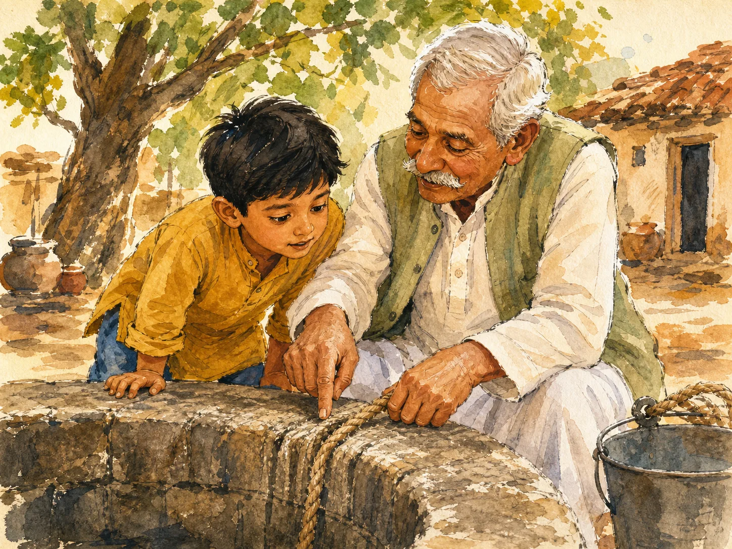 Grandfather runs his hand over the deep grooves in the stone as Ravi watches in wonder