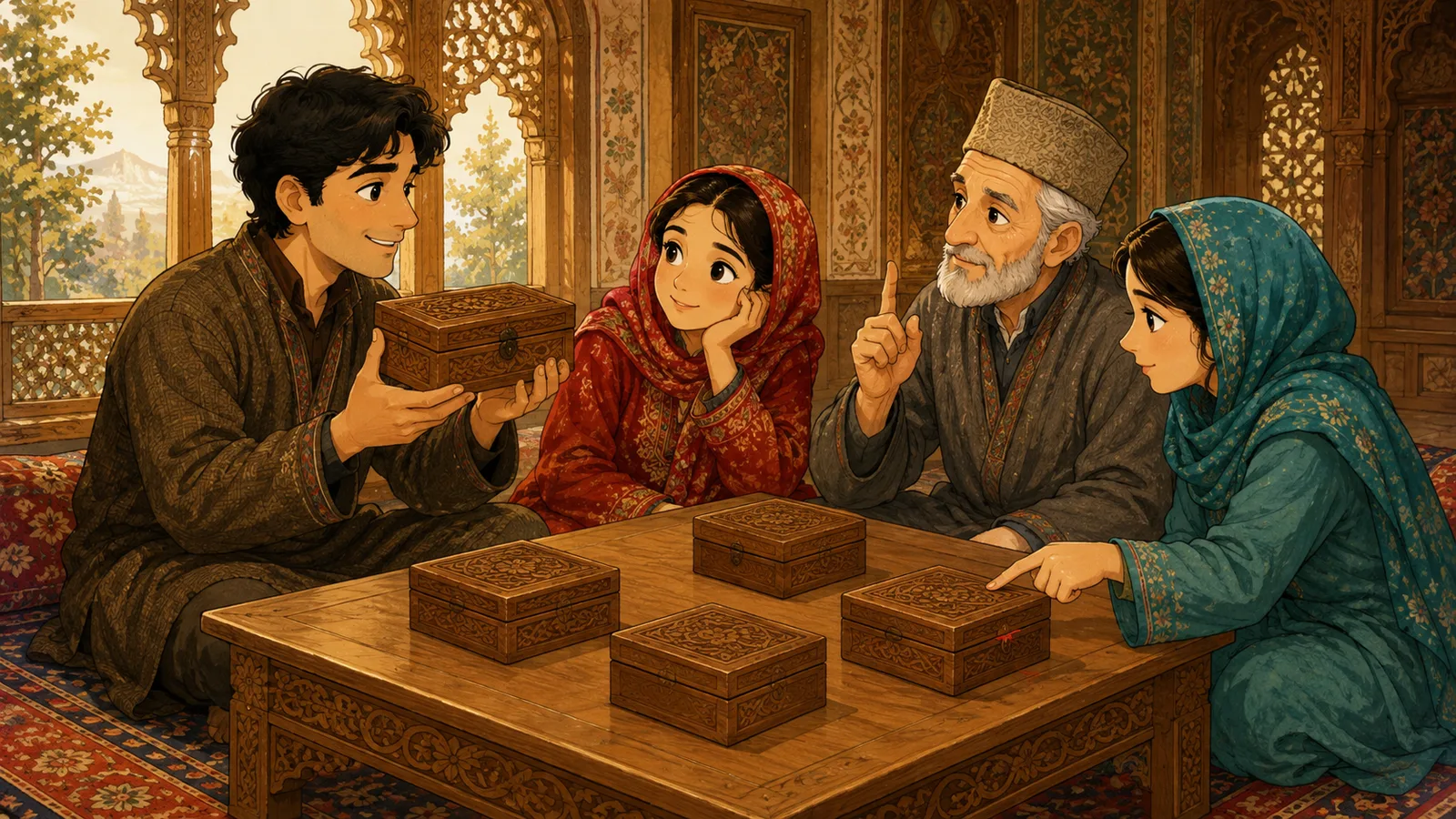The four friends lift, listen to, and closely inspect five closed wooden boxes to identify their ruby