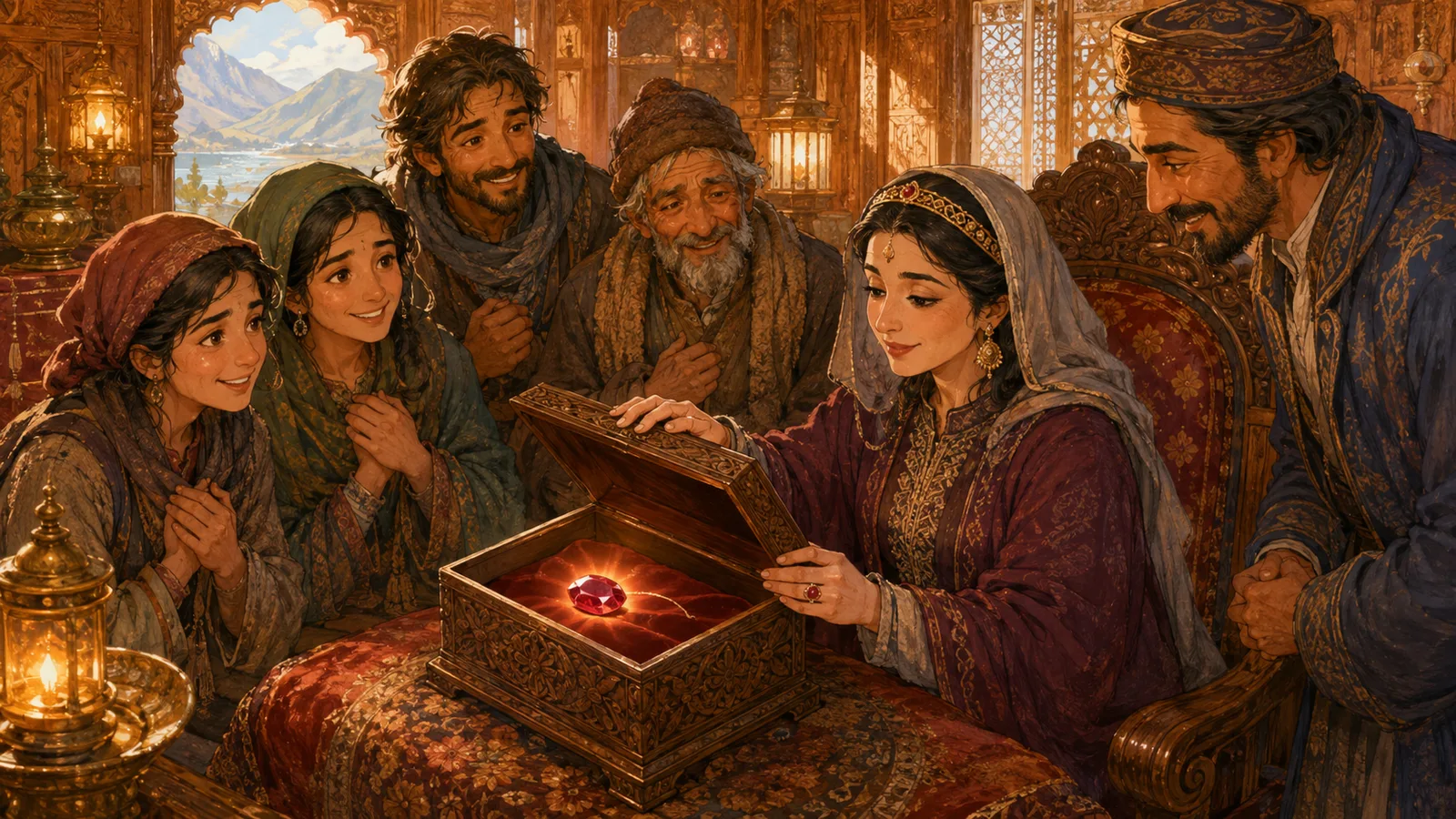 The ruler opens the chosen box as the four friends see the thread caught in the ruby's tiny hollow