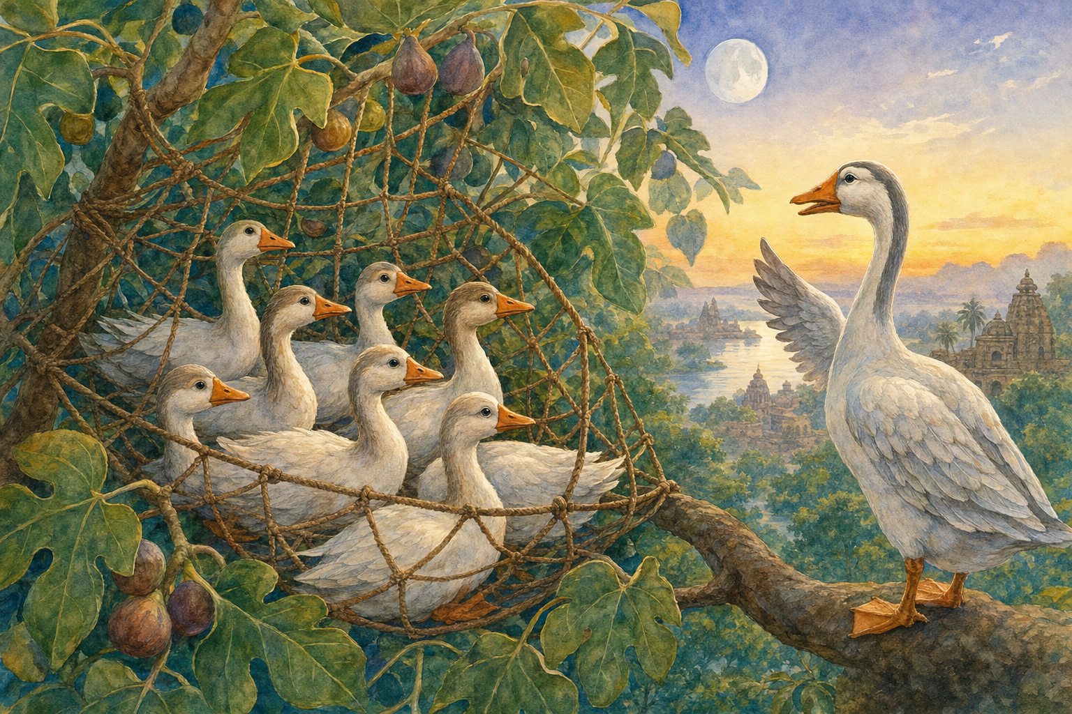 Six geese resting calmly in a loose rope net among the branches while the elder watches