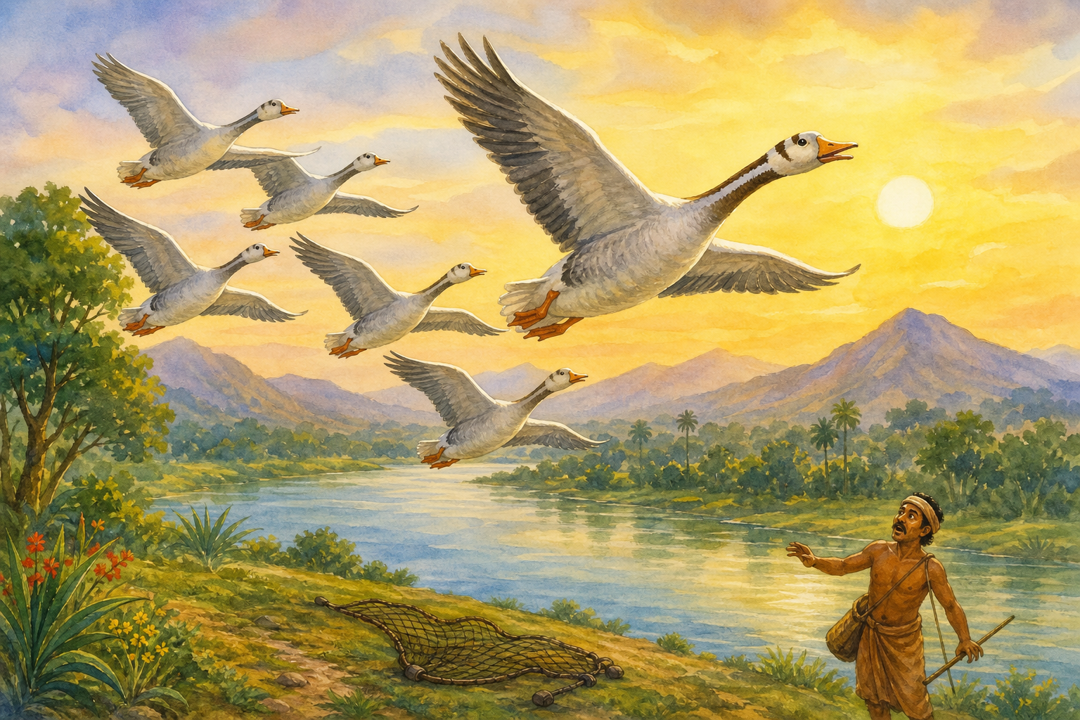 All seven geese rising together into golden morning light after their coordinated escape