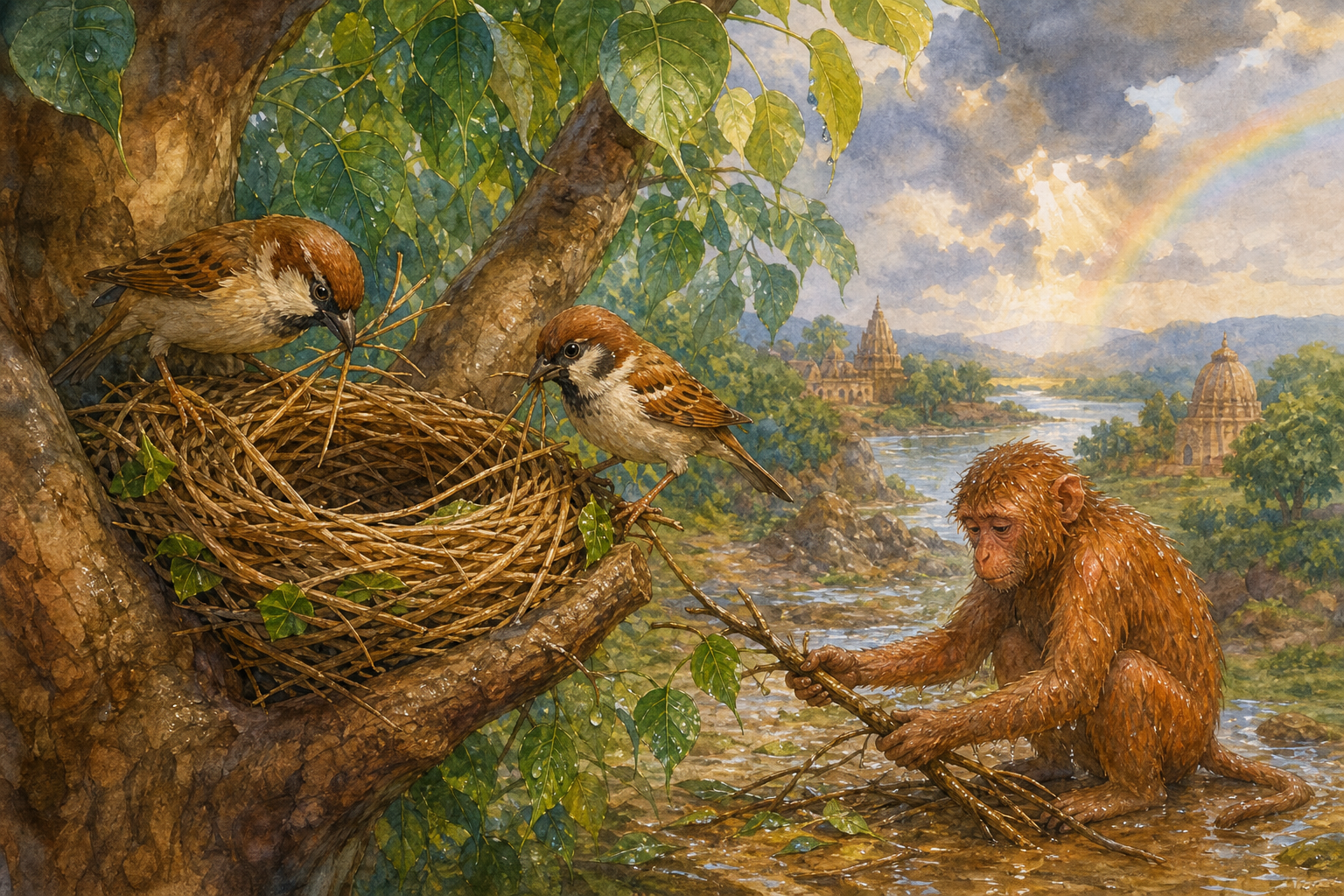 The Sparrow and the Shivering Monkey — illustration