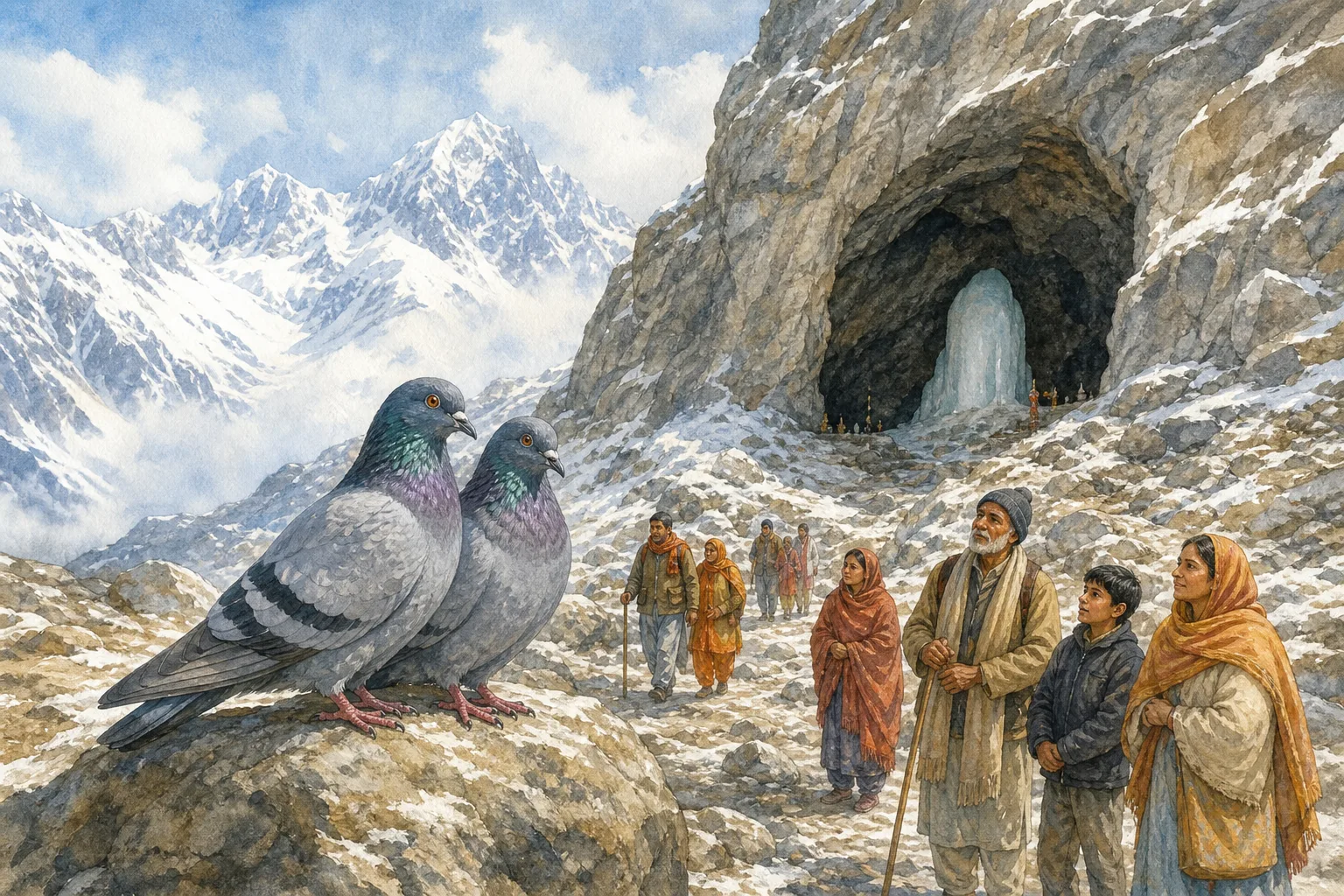 Two pigeon chicks hatch from eggs hidden beneath Shiva's seat after hearing the complete Amar Katha