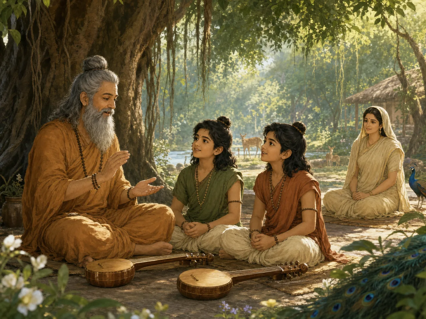 Luv and Kush sing the Ramayana beneath the forest trees while the hermitage listeners sit around them