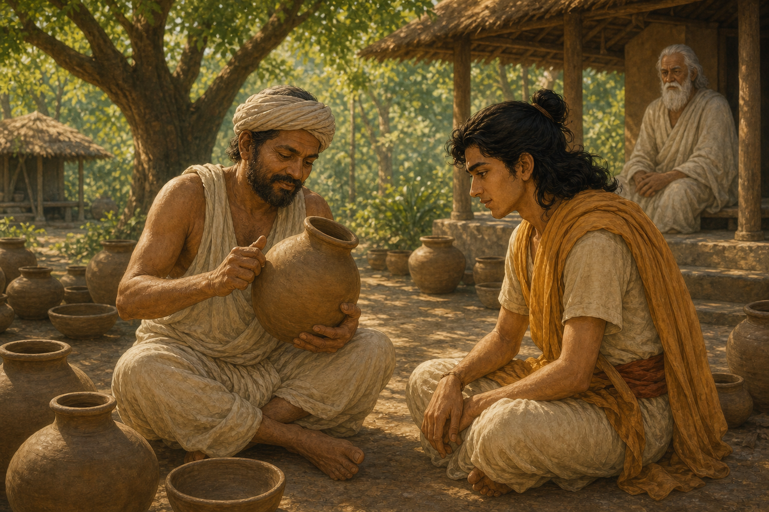 Manisiddhu listens as a potter tests a water jar for a tiny crack.