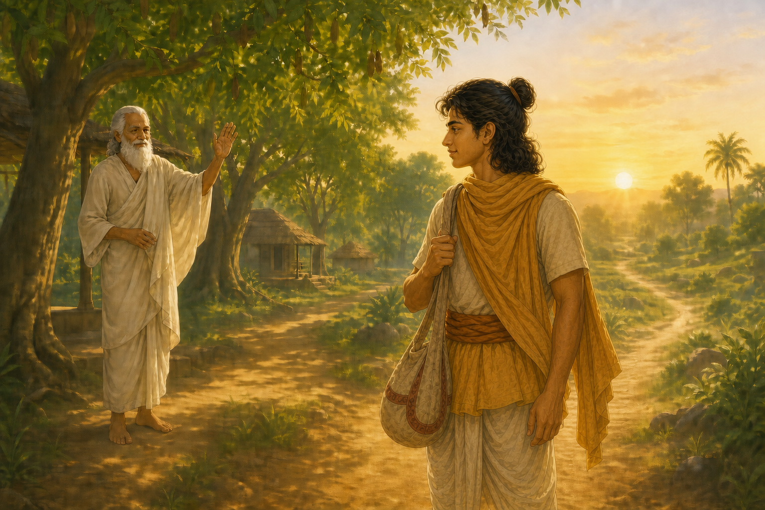 Manisiddhu says farewell to his teacher and begins his journey at sunrise.