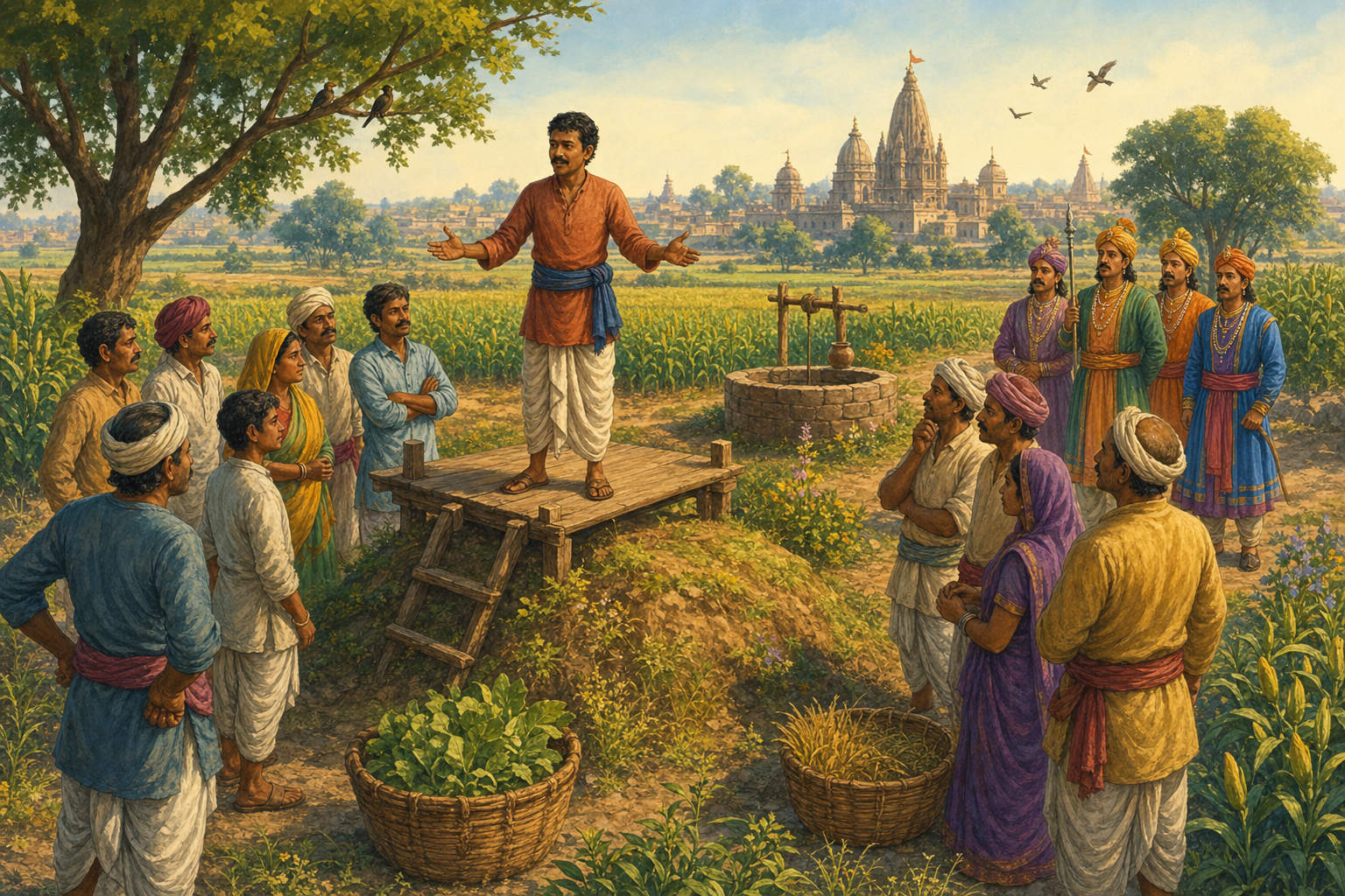 A field worker delivers fair judgments from the mound while royal messengers observe